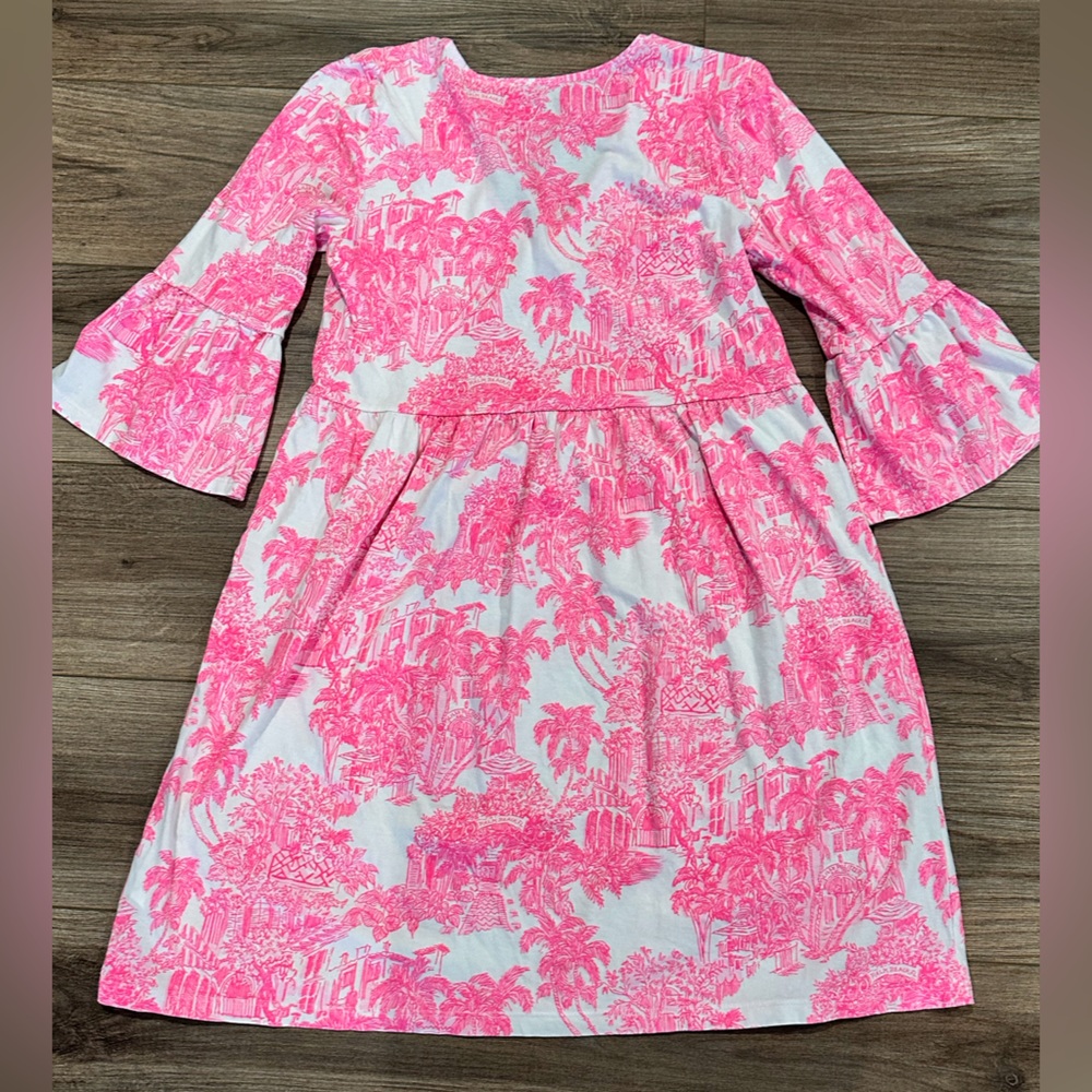 Lilly Pulitzer Jannie V-Neck Bell Sleeve Dress in Pink PB Anniversary Toile - Picture 9 of 12
